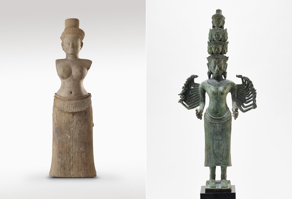 Left: The Goddess Uma, tenth century, Cambodia, sandstone. Right: Prajnaparamita ("Perfection of Wisdom"), around 1200, Cambodia, copper alloy Both: National Museum of Asian Art, Smithsonian Institution. Photo by Robert Harrell