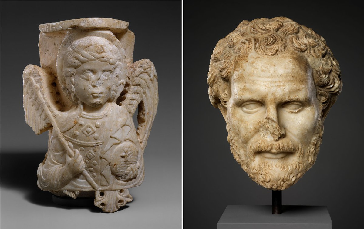 Two antiquities recently repatriated to Turkey by the Metropolitan Museum of Art: a Byzantine capital with bust of the Archangel Michael (1250-1300, left) and a Roman head of Demosthenes (2nd century AD, right) Courtesy the Metropolitan Museum of Art, New York