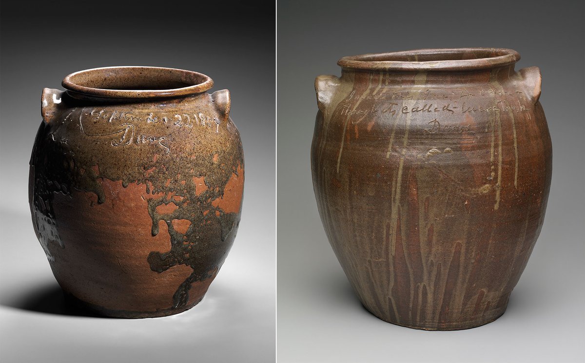 Left: Dave Drake (or Dave the Potter), Jar, 1857. Right: Dave Drake (or Dave the Potter), Storage jar, 1857
Jar: Ethically borrowed from the Dave the Potter Legacy Trust LLC, established for the benefit of the artist's descendants Photograph: © Museum of Fine Arts, Boston. Storage jar: John H. and Ernestine A. Payne Fund, Otis Norcross Fund, Edwin E. Jack Fund, Elizabeth M. and John F. Paramino Fund in memory of John F. Paramino, Boston Sculptor, Harriet Otis Cruft Fund and Seth K. Sweetser Fund, from the descendants of David Drake. Photograph: © Museum of Fine Arts, Boston