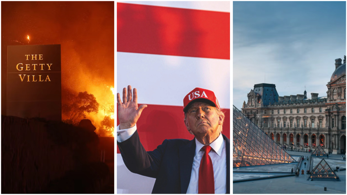 From the aftermath of the Los Angeles wildfires and President Trump's new policies to a year of dramas at Paris's Musée du Louvre. Getty photo: David Swanson / AFP via Getty Images; Trump photo: public domain sourced/access rights from Sebastian Goll/Alamy Stock Photo; Louvre photo: Dragoș Asaftei